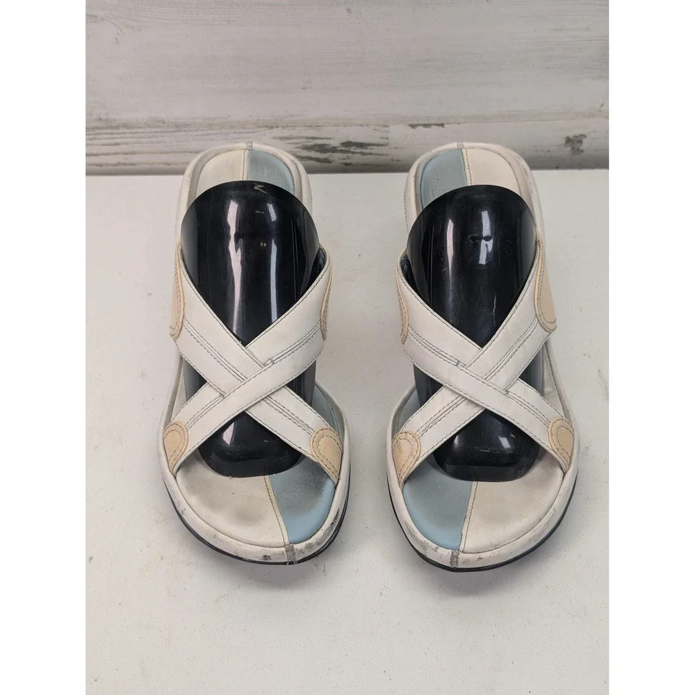 Slide Sandals Womens Size 8 White Leather Crisscross Comfort Colorblock Casual